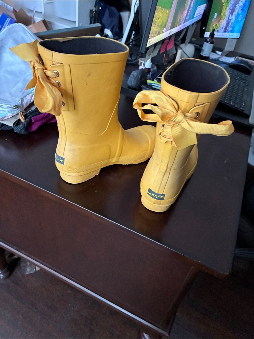 Lemon Bright Yellow Women's Rain Boots with Back Ribbon